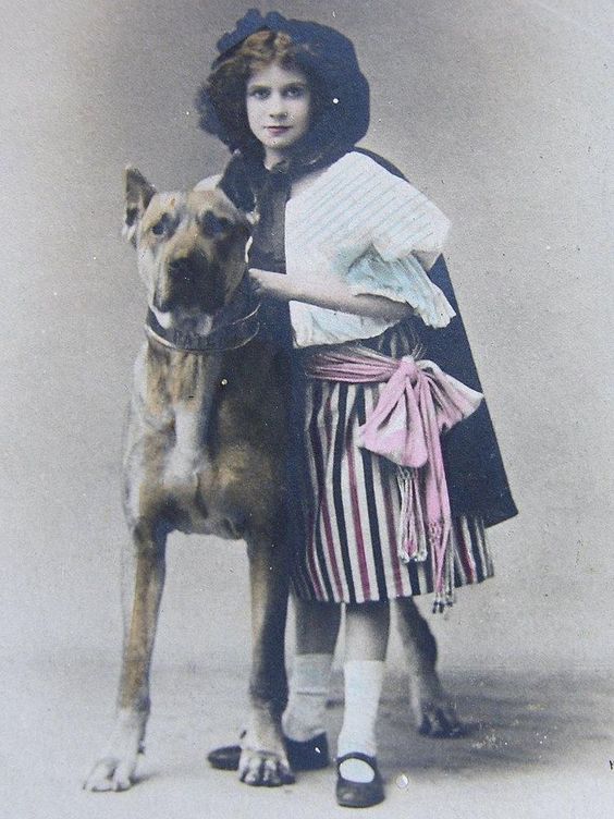 Girl with Great Dane dog. Date unknown