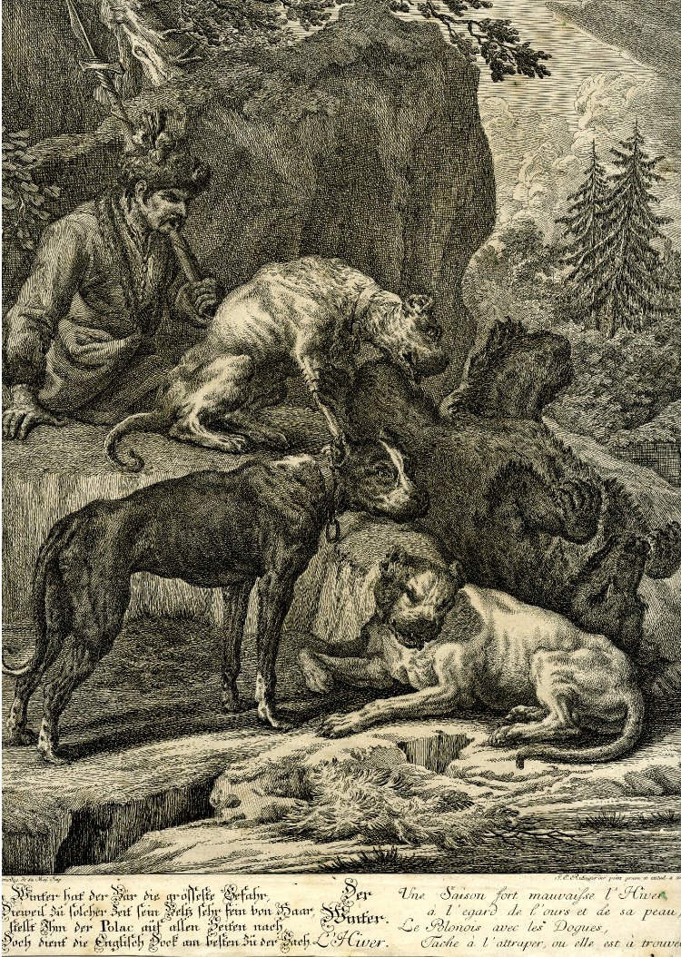 Three bulldogs with a killed bear in a rocky landscape at left the half-length figure of a Polish hunter from a series of four etchings. Etching